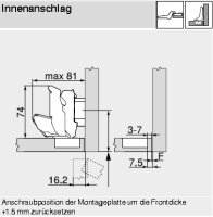 71B7690 CLIP top BLUMOTION Weitwinkelscharnier für 0-Einsprung 155°, Mittelanschlag mit Feder Inserta