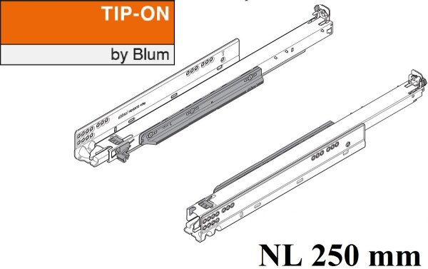760H2500T MOVENTO mit TIP-ON, Vollauszug für Holzschubkasten, 40 kg, NL=250mm, ohne Kupplungen
