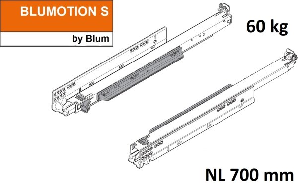 766H7000S MOVENTO mit BLUMOTION S, Vollauszug für Holzschubkasten, 60 kg, NL=700mm, ohne Kupplungen, für TIP-ON-Blumotion