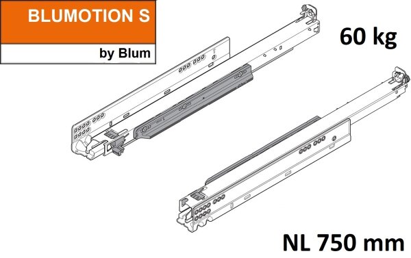 766H7500S MOVENTO mit BLUMOTION S, Vollauszug für Holzschubkasten, 60 kg, NL=750mm, ohne Kupplungen, für TIP-ON-Blumotion