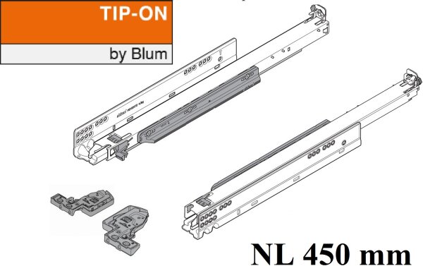 766H4500T MOVENTO mit TIP-ON, Vollauszug für Holzschubkasten, 70 kg, NL= 450mm, mit Kupplungen