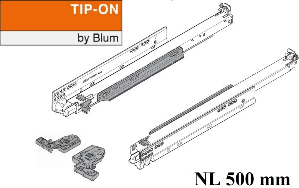 766H5000T MOVENTO mit TIP-ON, Vollauszug für Holzschubkasten, 70 kg, NL= 500mm, mit Kupplungen