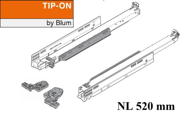 766H5200T MOVENTO mit TIP-ON, Vollauszug für Holzschubkasten, 70 kg, NL= 520mm, mit Kupplungen