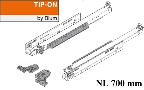 766H7000T MOVENTO mit TIP-ON, Vollauszug für Holzschubkasten, 60 kg, NL= 700mm, mit Kupplungen
