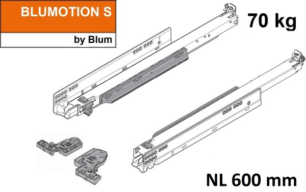 766H6000S MOVENTO mit BLUMOTION S, Vollauszug für Holzschubkasten, 70 kg, NL=600mm, mit Kupplungen, für TIP-ON-Blumotion