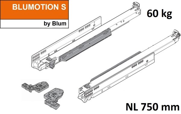 766H7500S MOVENTO mit BLUMOTION S, Vollauszug für Holzschubkasten, 60 kg, NL=750mm, mit Kupplungen, für TIP-ON-Blumotion