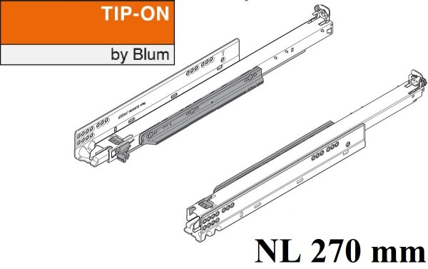760H2700T MOVENTO mit TIP-ON, Vollauszug für Holzschubkasten, 40 kg, NL=270mm, ohne Kupplungen
