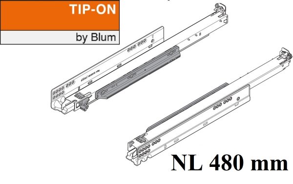 760H4800T MOVENTO mit TIP-ON, Vollauszug für Holzschubkasten, 40 kg, NL=480mm, ohne Kupplungen