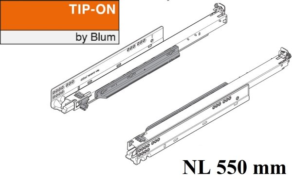 766H5500T MOVENTO mit TIP-ON, Vollauszug für Holzschubkasten, 70 kg, NL= 550mm, ohne Kupplungen