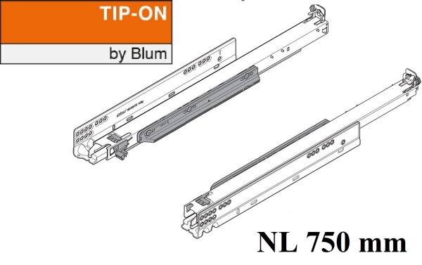 766H7500T MOVENTO mit TIP-ON, Vollauszug für Holzschubkasten, 60 kg, NL= 750mm, ohne Kupplungen