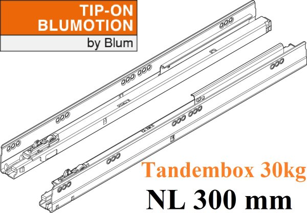 578.3001M TANDEMBOX TIP-ON Blumotion Korpusschiene Vollauszug, 30 kg, NL= 300mm, li/re