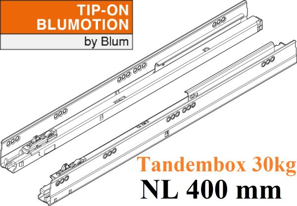 578.4001M TANDEMBOX TIP-ON Blumotion Korpusschiene Vollauszug, 30 kg, NL= 400mm, li/re