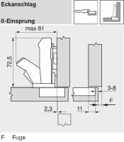 70T7550.TL CLIP top 0-Einsprungscharnier 155°, Eckanschlag, ohne Feder, zum Anschrauben